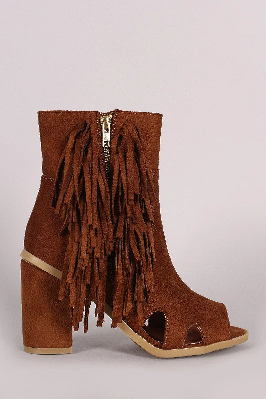 women's booties with velvetSuede Zipper And Fringe Chunky Heeled Ankle Boots
