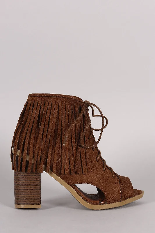 women's booties with side cutoutsSuede Fringe Lace Up Chunky Heeled Ankle Boots