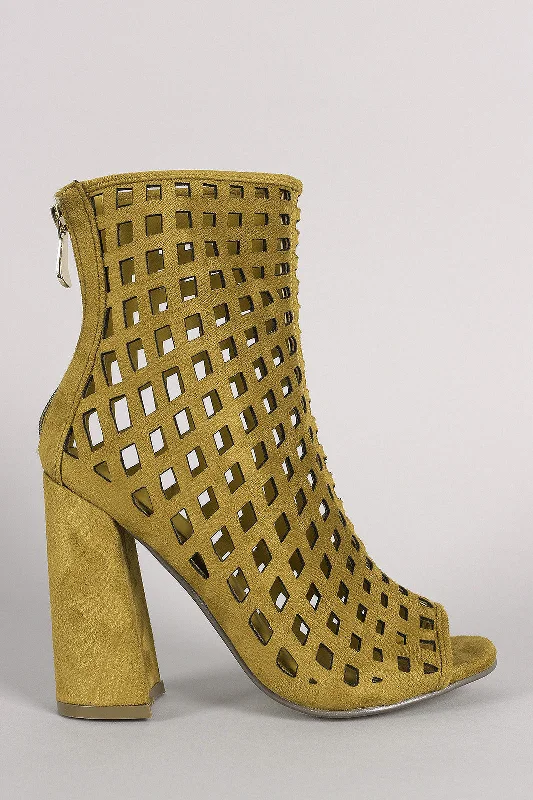 women's booties for travelSuede Perforated Peep Toe Chunky Heeled Booties