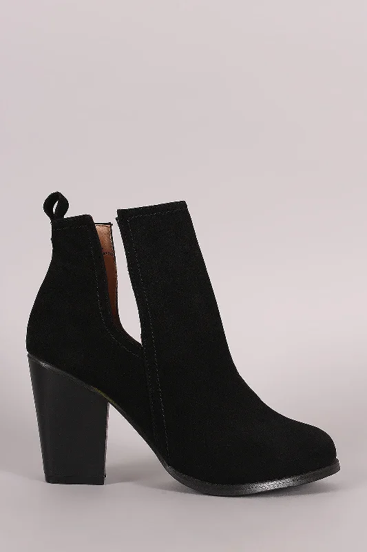women's booties with unique strapsSuede Side Cutout Chunky Heeled Booties