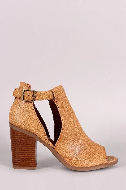 women's booties for petite womenSoda Side Cutout Ankle Strap Chunky Heeled Booties