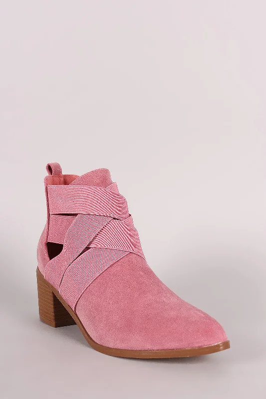 women's booties with block heelSuede Elasticized Woven Pointy Toe Block Heeled Booties