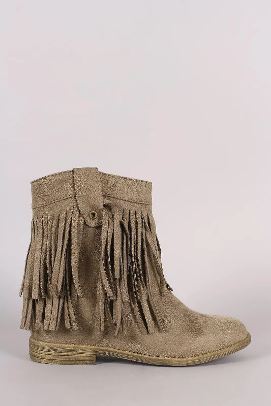 women's booties for springSuede Double Layered Fringe Moccasin Booties