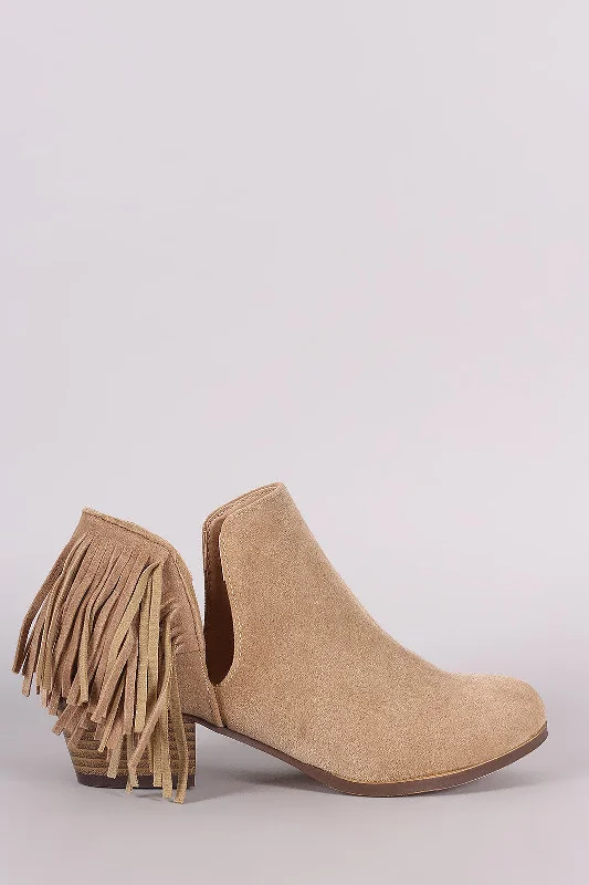 women's booties with studsSuede Back Fringe Side Cutout Booties