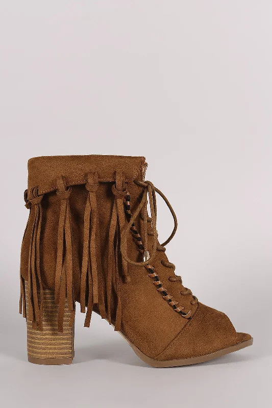 women's booties for workSuede Tassel Fringe Cuff Lace Up Chunky Heeled Booties