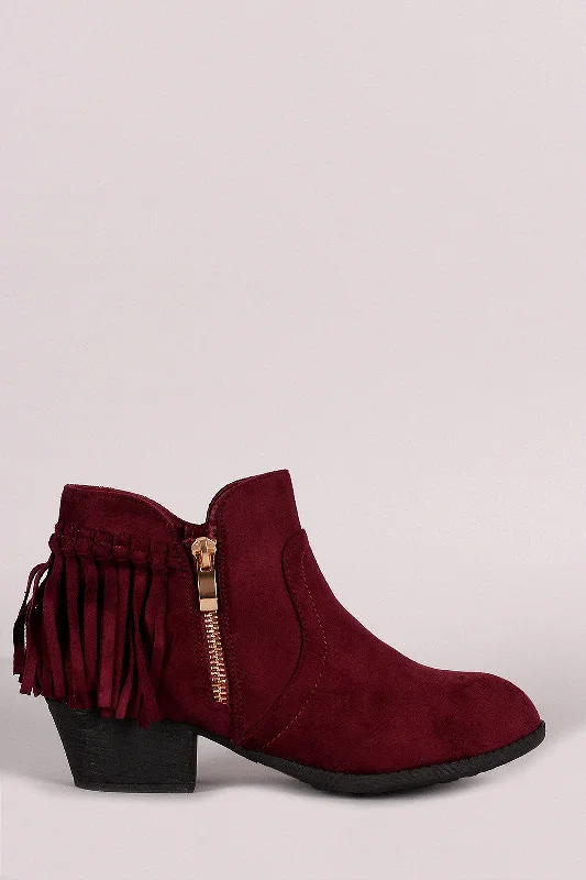 women's booties for workSuede Back Fringe Block Heel Booties