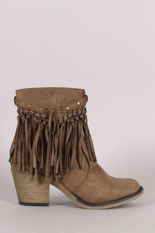 women's heeled bootiesSuede Studded Fringe Chunky Heeled Western Ankle Boots