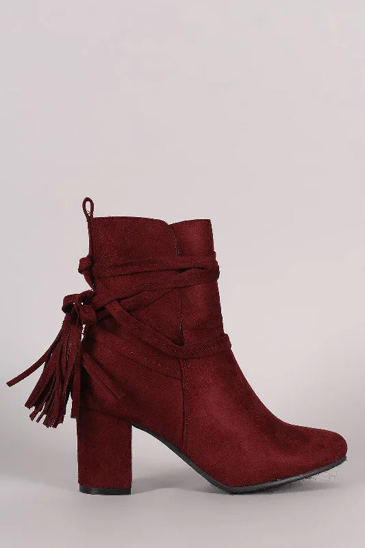 women's booties with embroiderySuede Slit Tassel Lace Wrap Block Heeled Booties