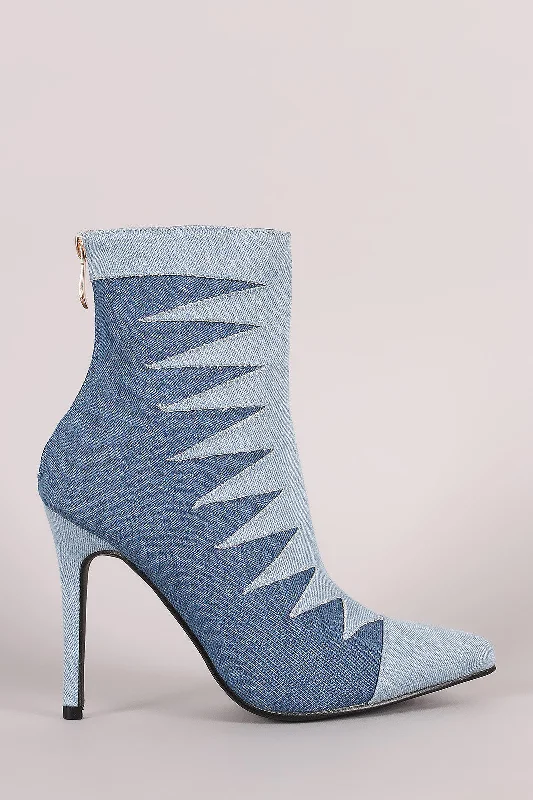women's booties with chukka styleTwo Tone Denim Patchwork Pointy Toe Booties