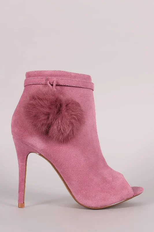 women's booties with side cutoutsShoe Republic LA Suede Pompom Stiletto Ankle Boots