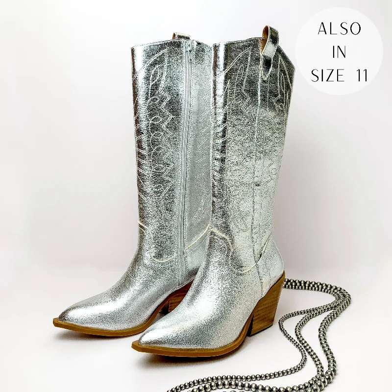 Women's tall boots with a lace - up front and tasselsCorky's | Howdy Western Stitch Boots in Metallic Silver Women's tall boots with a lace - up front and tasselsCorky's | Howdy Western Stitch Boots in Metallic Silver