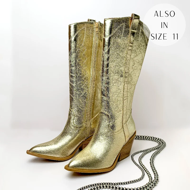 Women's narrow - calf tall boots for a sleek lookCorky's | Howdy Western Stitch Boots in Metallic Gold Women's narrow - calf tall boots for a sleek lookCorky's | Howdy Western Stitch Boots in Metallic Gold