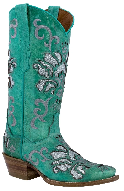 women's cowboy boots with insole supportWomen's Arabe Turquoise Inlay Fashion Leather Cowgirl Boots - Snip Toe